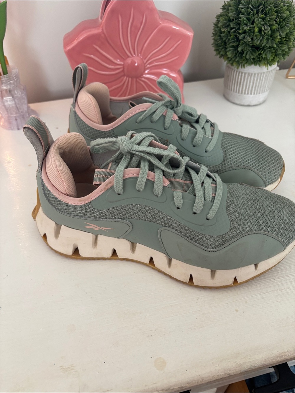 Reebok Women’s Sage Green and Light Pink Athletic Sneakers